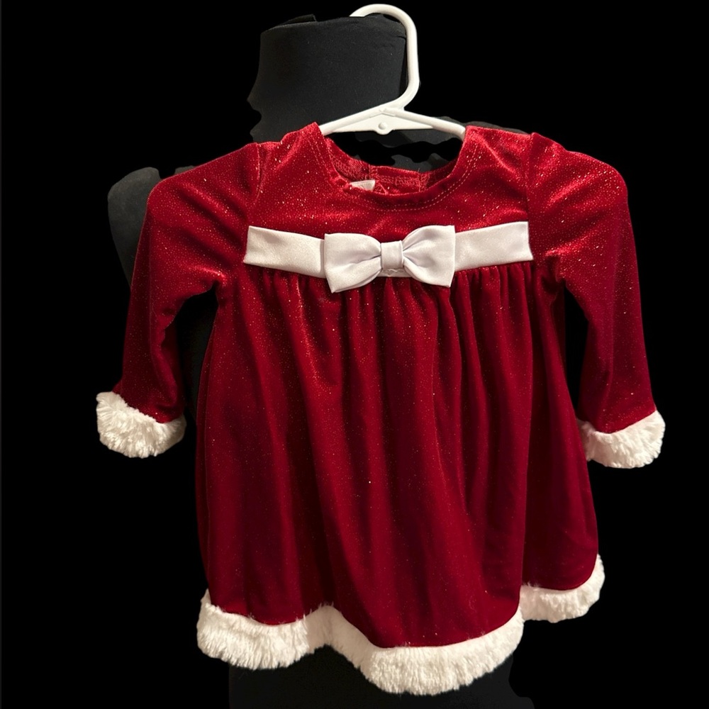 Bonnie Baby Girls Santa Christmas Dress Red White Faux Fur Trim + bow 6-9 Mo